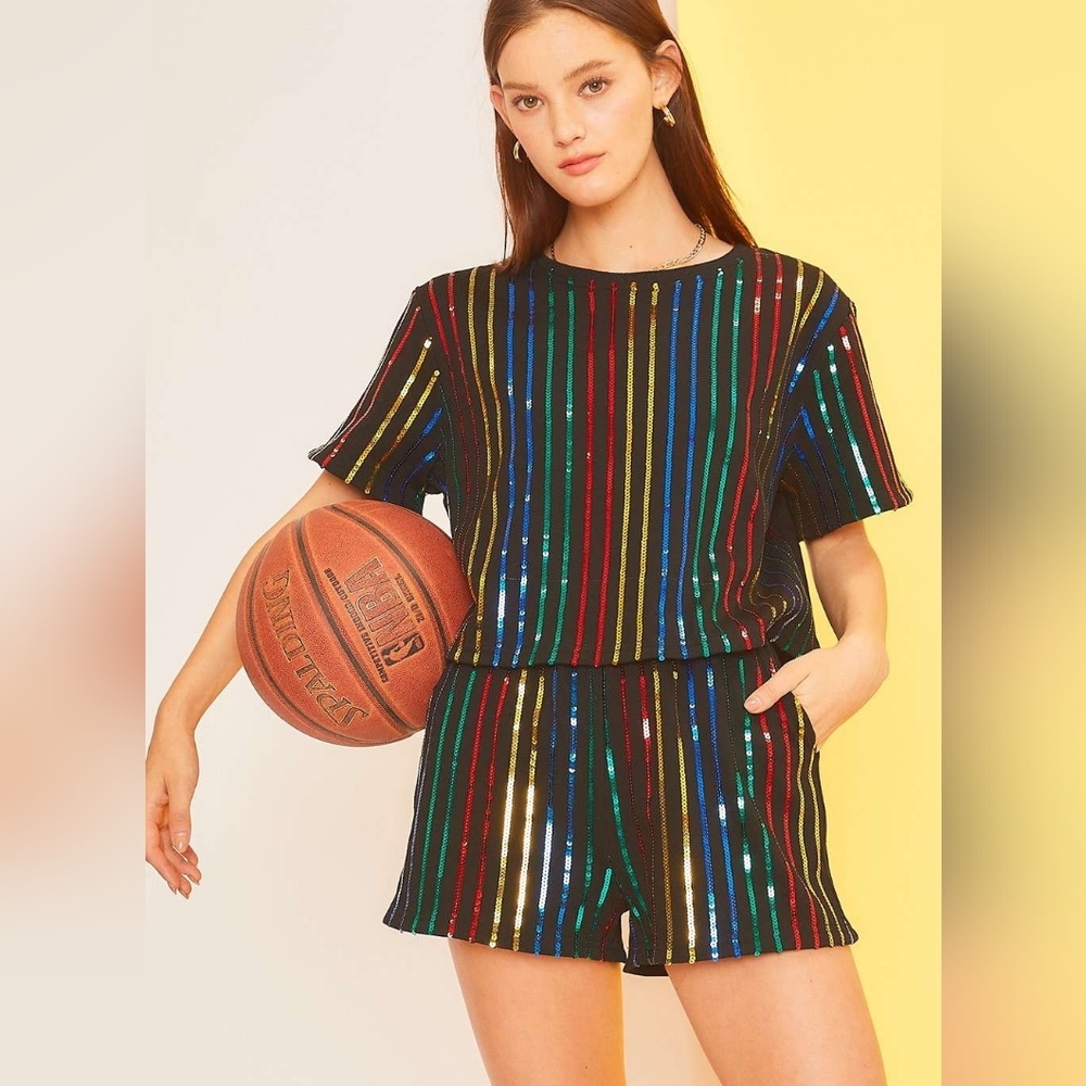 Mainstrip Black Multicolor Sequin Stripe Boxy Cropped Top Size M Party Shirt - Picture 11 of 11